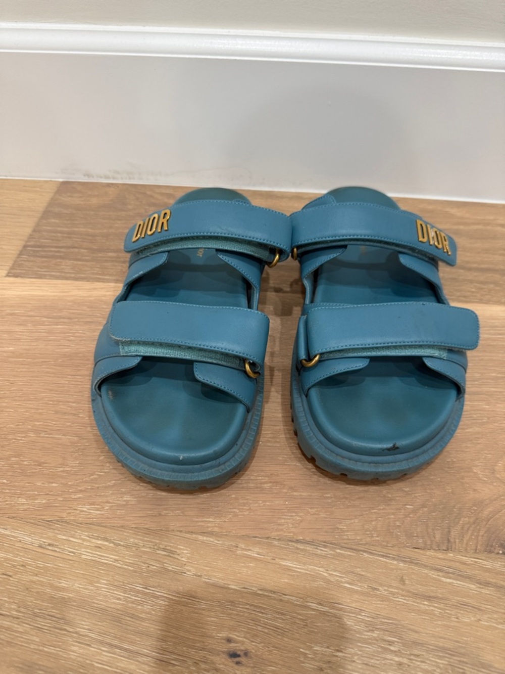 Authentic pre loved Dior Teal Leather Velcro Strap Sandals with Gold Logo
